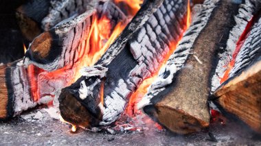 Şöminede odun ve kömürle birlikte ateş var. Yakacak odun yanıyor.