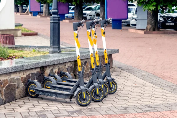 An electric scooter rental point on the street of a modern city