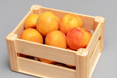 Açık havada ahşap bir kutuda olgun, lezzetli kayısılar.