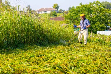 A worker mows tall grass with an electric trimmer