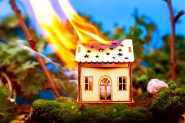 A toy wooden house is burning in nature. Fire concept. Fire safety