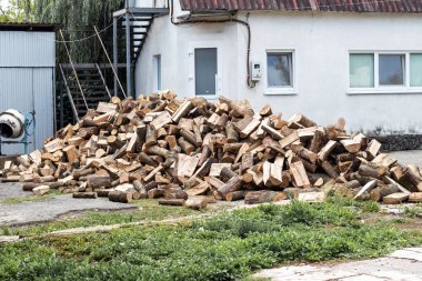 A pile of firewood for heating in winter in the yard of the farm