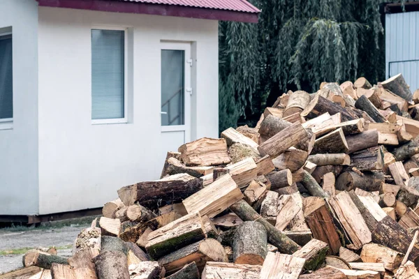 stock image A pile of firewood for heating in winter in the yard of the farm