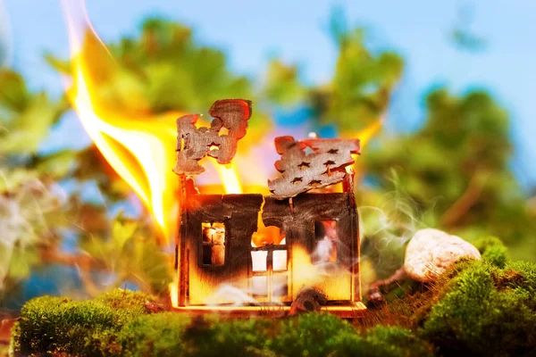 Toy Wooden House Burning Nature Fire Concept Fire Safety — Foto de Stock
