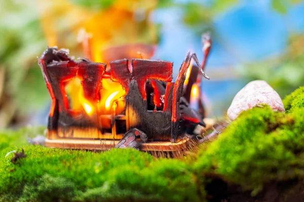 Toy Wooden House Burning Nature Fire Concept Fire Safety — Foto de Stock