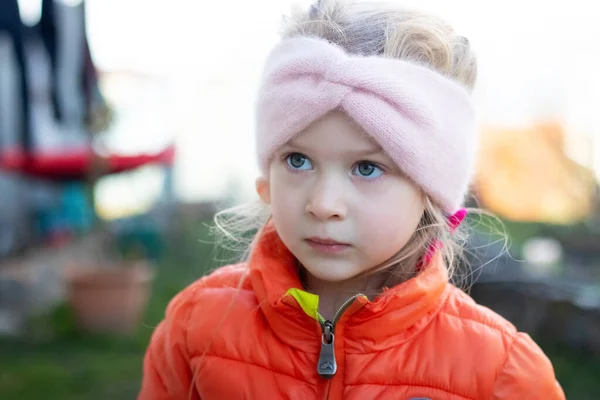 Portrait Little Girl Serious Focused Look Blurred Background — Stock Photo, Image