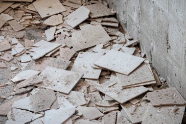 Yere bakan fayanslar sökülmüş. İnşaat atıkları, tesisin onarımı.