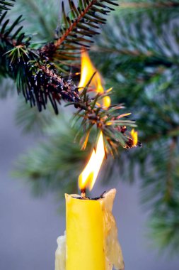 Noel ağacının bir dalı, güvenlik kurallarına uymadığı için yanan bir mumla alev aldı.