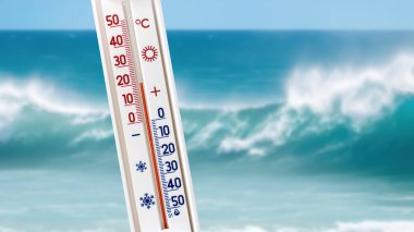 Denizin arka planındaki termometre 20 derece gösteriyor.