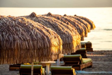 Sahilde şemsiyeli ve güneşli yataklı bir sahil.