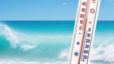 Denizin arka planındaki termometre 20 derece gösteriyor.