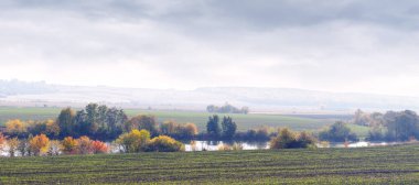Nehir kıyısında bir tarlası olan sonbahar manzarası, renkli ağaçlar ve bulutlu bir gökyüzü.