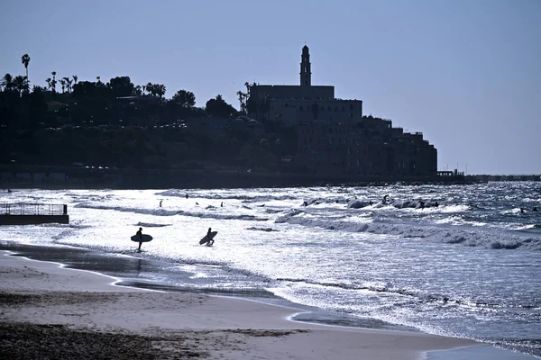 Silhouette of surfers against Jaffa old city port skyline as views from Tel Aviv Yafo, Israel.