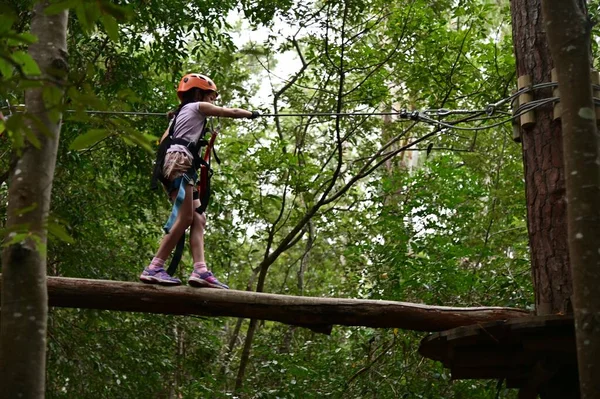 꼭대기를 오르는 모험중에 나무로 통나무 걷는다 여성의 사람들 — 스톡 사진