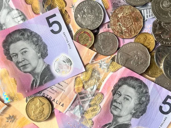 Diverse Australische Valuta Van Dollar Bankbiljetten Munten Achtergrond — Stockfoto