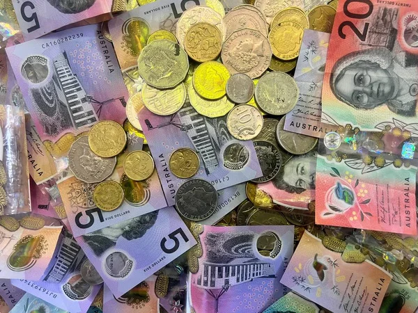 Διάφορα Αυστραλιανό Νόμισμα Του Δολαρίου Χαρτονομίσματα Και Κέρματα Φόντο — Φωτογραφία Αρχείου