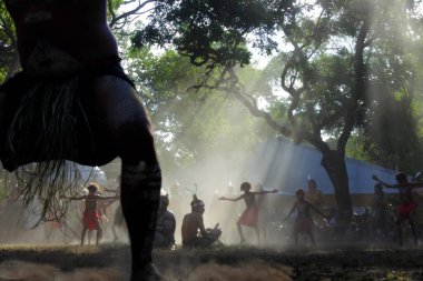 LAURA,QLD - JULY 08 2023:Aboriginal Australians Ceremonial dance in Laura Quinkan Dance Festival Cape York Queensland, Australia. Ceremonies combine dance, song, rituals, body decorations and costumes clipart