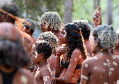 LAURA,QLD - JULY 08 2023:Indigenous Australians people on ceremonial dance in Laura Quinkan Dance Festival Cape York Australia. Ceremonies combine dance, song, rituals, body decorations and costumes clipart