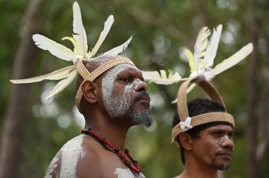 LAURA,QLD - JULY 08 2023:Indigenous Australians men on ceremonial dance in Laura Quinkan Dance Festival Cape York Australia. Ceremonies combine dance, song, rituals, body decorations and costumes clipart