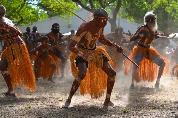 stock image LAURA,QLD - JULY 08 2023:Indigenous Australians men on ceremonial dance in Laura Quinkan Dance Festival Cape York Australia. Ceremonies combine dance, song, rituals, body decorations and costumes