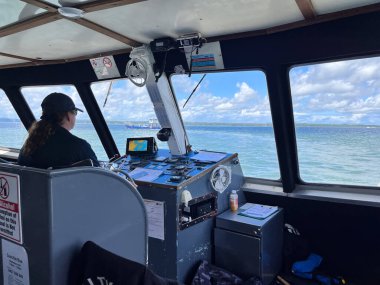 BRISBANE - MAR 29 2023:Captain navigating Passenger Ferry Service to Coochiemudlo Island.A ferry is a watercraft that carries passengers, and sometimes vehicles and cargo, across a body of water. clipart