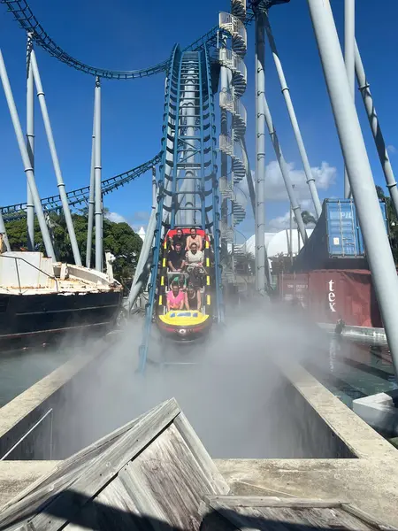 stock image GOLD COAST, AUS - APR 29 2024:Storm Coaster Ride Sea World Gold Coast Queensland, Australia. It's 470-metre-long (1,540 ft) ride at 28 metres (92 ft) tall and features a top speed of 70Kph (43 mph).