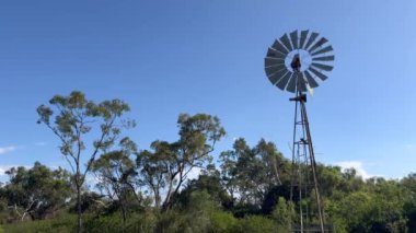 Queensland, Avustralya 'nın kuzeyindeki bir çiftlikte dönen rüzgar pompası.. 