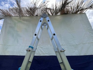 Sukkah ya da Succah tuvalinin yanındaki merdiven, bir hafta sürecek olan Sukkot Yahudi festivali sırasında palmiye dalları ile döşenmiş geçici bir kulübe..