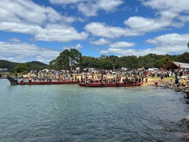 WAITANGI, NZL - FEB 06 2025:Maori warriors arriving in war canoes to Waitangi Treati Ground on  Waitangi Day, the national day of New Zealand, marks the anniversary of the 1840 Treaty of Waitangi clipart