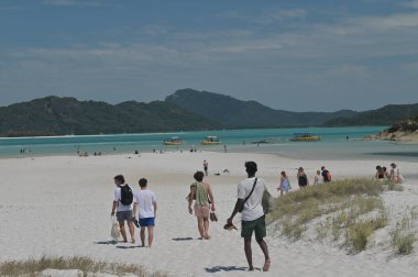AIRLEI Plajı, QLD - SEP 22 2024: Whitehaven Sahili 'ndeki Whitsunday Adaları Ulusal Parkı' na turistler geldi..