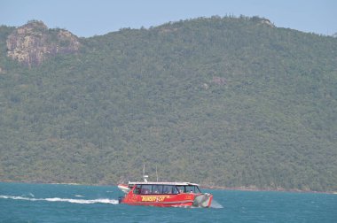 WhitSunday, QLD - SEP 23 2024: Turistler Thundercat 'le Avustralya' nın Queensland kentindeki Büyük Set Resifi 'ne giden turistler için popüler bir turizm beldesi.