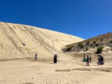 KAITAIA, NZL - 28 Şubat 2025: Turistler Yeni Zelanda 'nın kuzeyindeki büyük kum tepelerinde kayak yapıyorlar. Dev kum tepeleri, Yeni Zelanda 'nın Northland Yarımadası' nda bulunan kum tepeciklerinden oluşan bir kolleksiyondur..