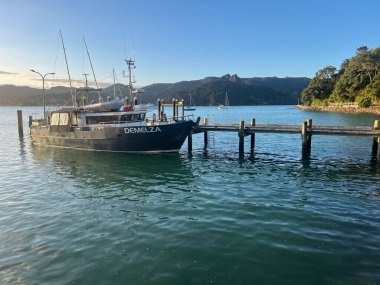 WHANGAROA HARBour, NZL - 10 MAR 2025: Whangaroa Limanı 'nda demirleme, Yeni Zelanda' nın kuzeyindeki Adalar Körfezi 'nin kuzeyindeki doğal çalılıklarla kaplı çarpıcı bir liman..
