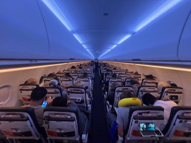 BRISBANE, AUS - 30 Ocak 2025: Ticari uçak kabininde oturan hava yolcuları. Akrofobi yükseklik korkusu olarak tanımlanıyor. Nüfusun% 80 'den fazlası uçmaktan korkuyor.