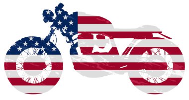 Illustration in the form of a motorcycle silhouette with an American flag embedded in it. Isolated on a white background
