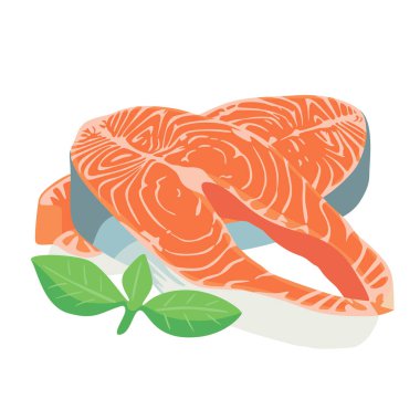 Sebzeli somon bifteği. Taze kırmızı balık parçaları. Beyaz arkaplanda izole.