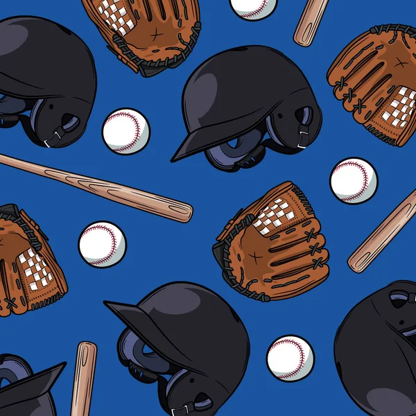 Helm Schlagball Und Baseballhandschuh Muster Auf Blauem Hintergrund — Stockvektor