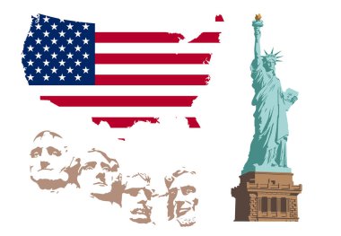 Özgürlük Anıtı şeklinde Amerikan sembolleri seti, Amerika Birleşik Devletleri 'nin kayalarından ve siluetinden oyulmuş başkanların yüzleri. Beyaz arkaplanda izole