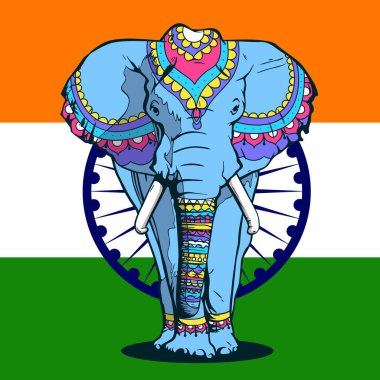 Hindistan 'ın ulusal düzeninde gri bir fil tasviri. Fil, Hindistan bayrağının arka planına doğru bize doğru yürüyor.