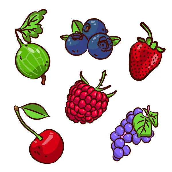 Set Various Berries Cherries Raspberries Gooseberries Blueberries Strawberries Grapes Isolated — Stockvector