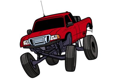 Havada uçan kocaman tekerlekleri olan kırmızı bir SUV çizimi. Resim mürekkeple elle çizilmiş..