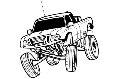 Havada uçan dev tekerlekleri olan bir SUV 'nin taslak çizimi. Mürekkep el çizimi bir resim..