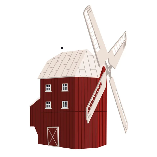 Holzmühle Rot Windmühle Zum Mahlen Von Weizen Isoliert Auf Weißem — Stockvektor
