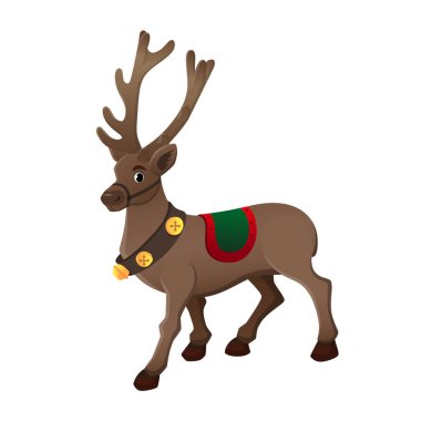 Mavi gözlü ve kocaman boynuzlu bir Noel geyiği tasviri. Zil ve eyerli ren geyiği. Beyaz arkaplanda izole