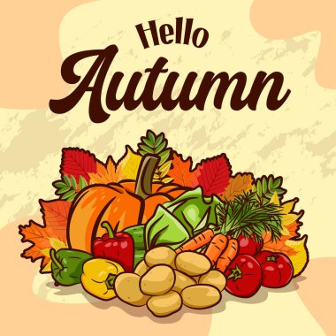 Arkasında sonbahar yaprakları olan hasattan sebzelerin çizimi. Üstteki yazıt merhaba sonbahar diyor..