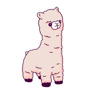 Şirin yüzlü pembe bir lamanın çizgi film çizimi. Beyaz arkaplanda izole