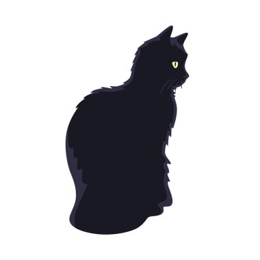 Bize yan yan bakan siyah bir kedi tasviri. Beyaz bir arkaplanda izole edilmiş