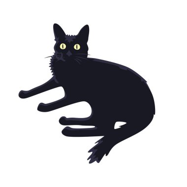 Yan yatmış, şaşırmış bir şekilde duran siyah bir kedi tasviri. Beyaz bir arkaplanda izole edilmiş