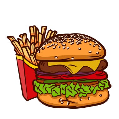 Beyaz arka planda izole edilmiş hamburger ve patates kızartması.