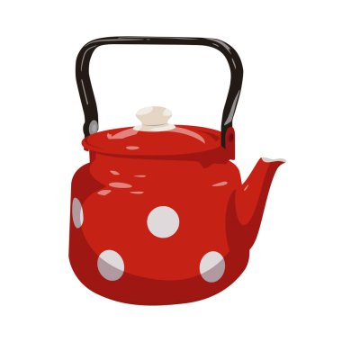 Beyaz arka planda izole edilmiş puantiyeli kırmızı bir su ısıtıcısı tasviri